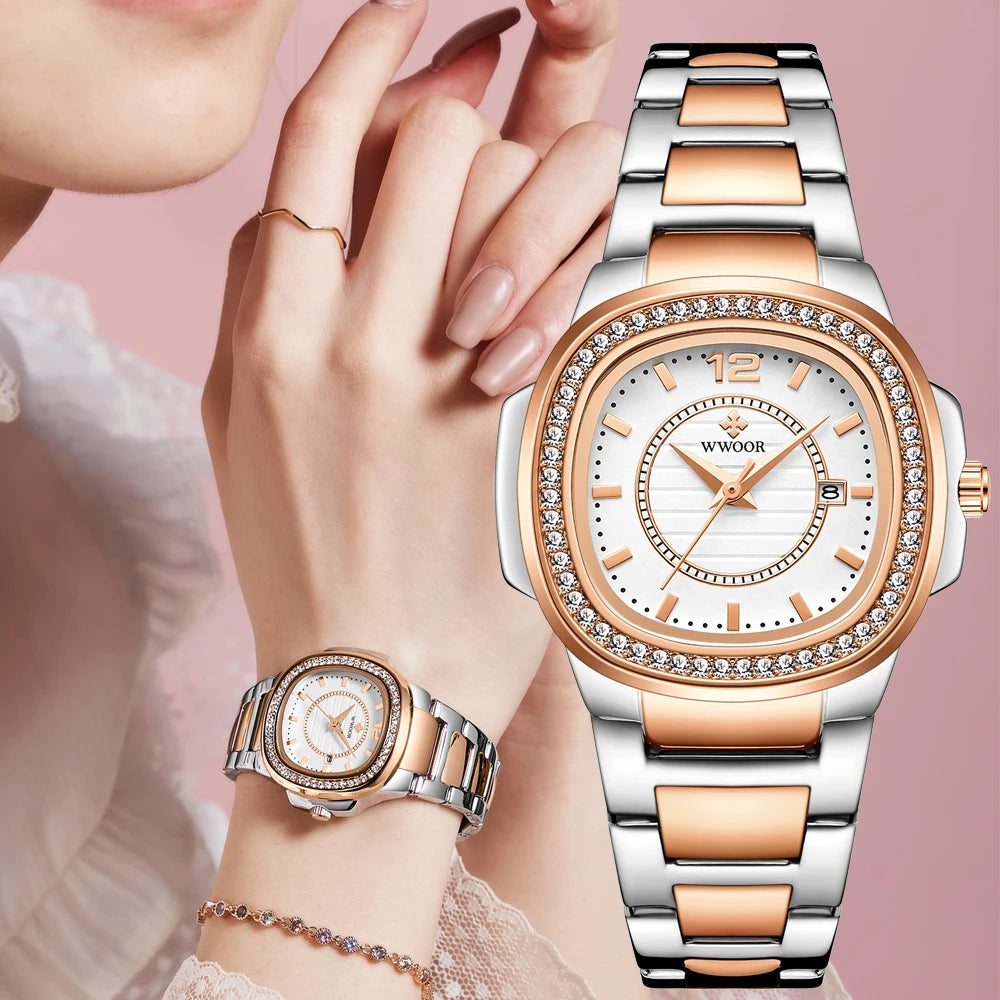 Sweston™ Women's Luxury Rose Gold Diamond Watch | Elegant Stainless Steel Waterproof Timepiece