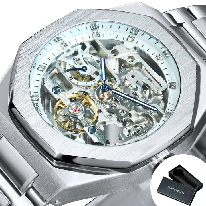 Sweston™ Silver Automatic Skeleton Watch – Luxury 3D Diamond Dial