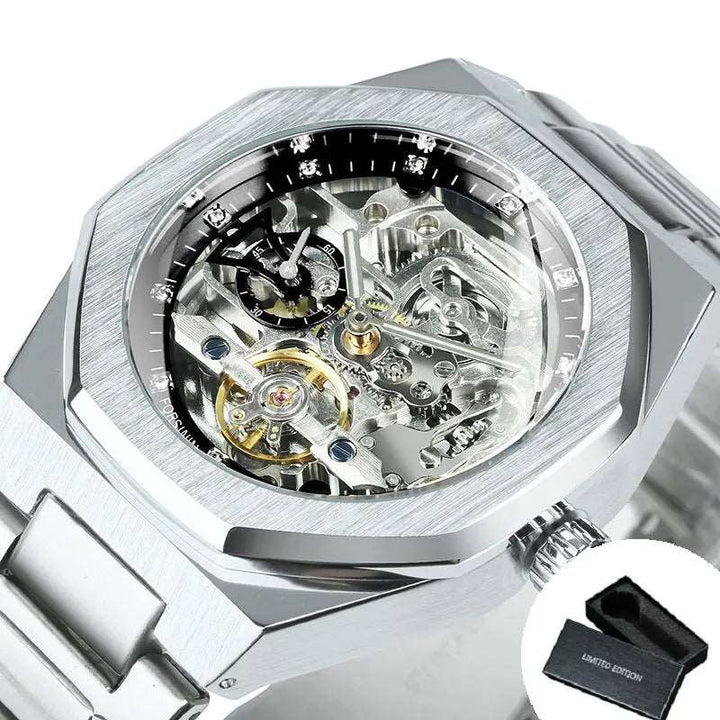 Sweston™ Silver Automatic Skeleton Watch – Luxury 3D Diamond Dial