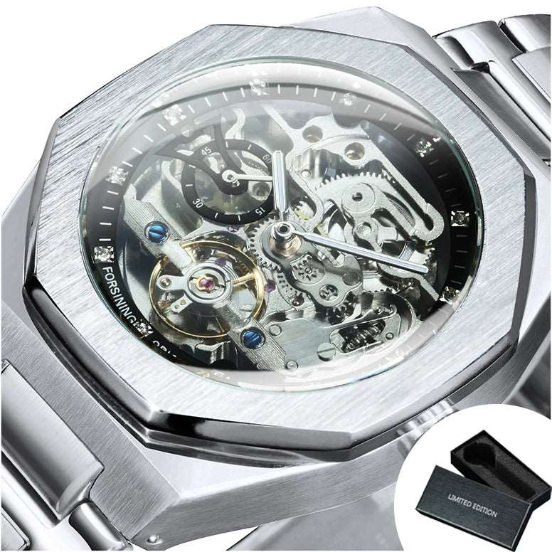 Sweston™ Silver Automatic Skeleton Watch – Luxury 3D Diamond Dial