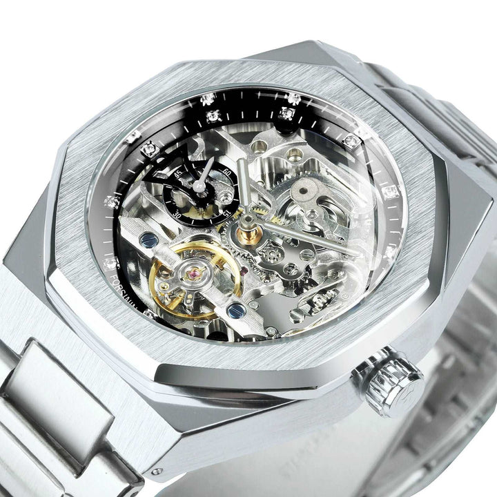 Sweston™ Silver Automatic Skeleton Watch – Luxury 3D Diamond Dial