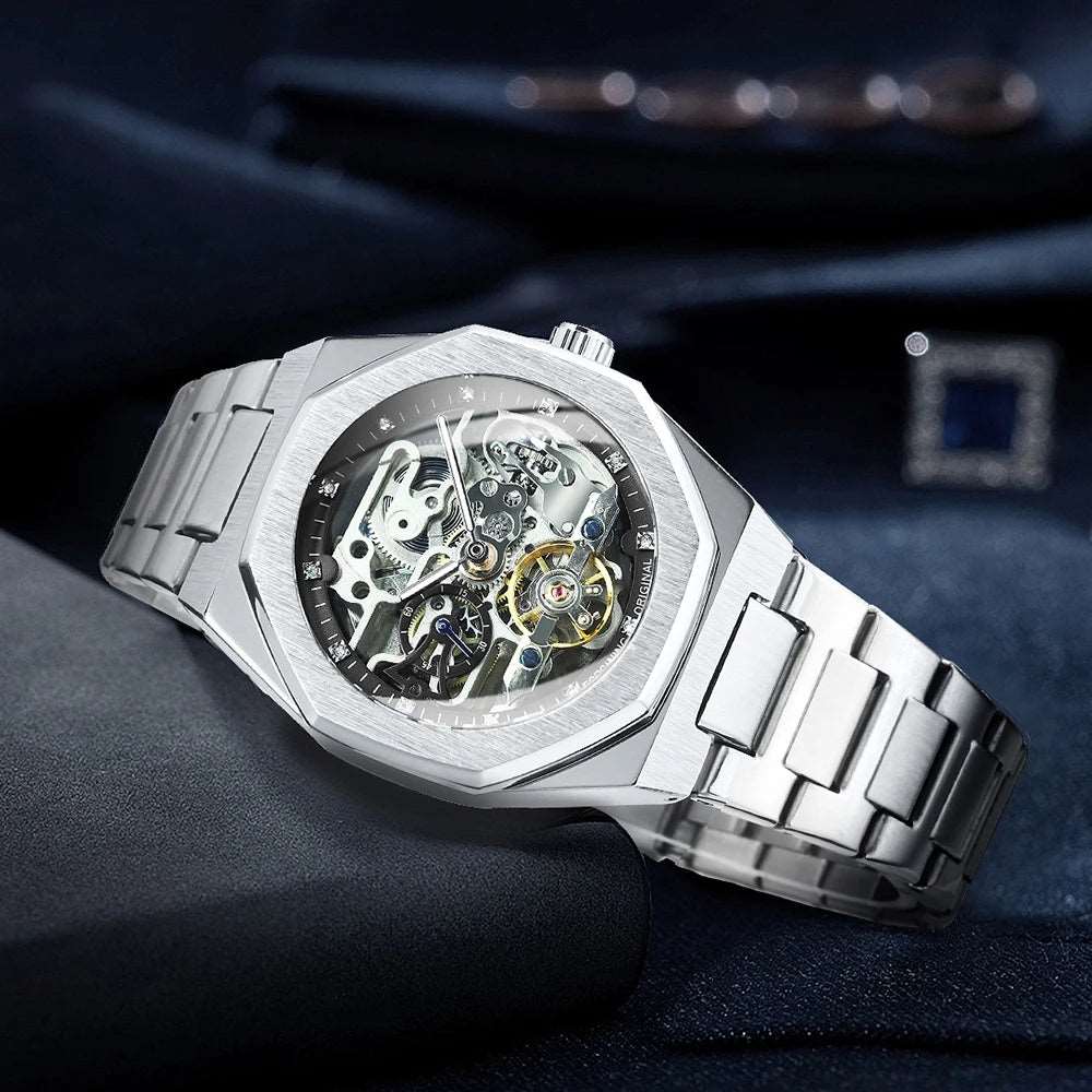 Sweston™ Silver Automatic Skeleton Watch – Luxury 3D Diamond Dial