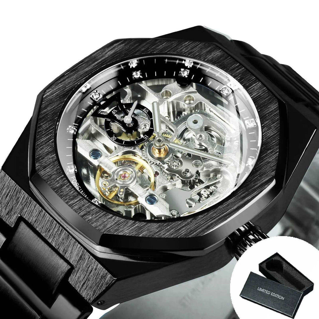 Sweston™ Silver Automatic Skeleton Watch – Luxury 3D Diamond Dial